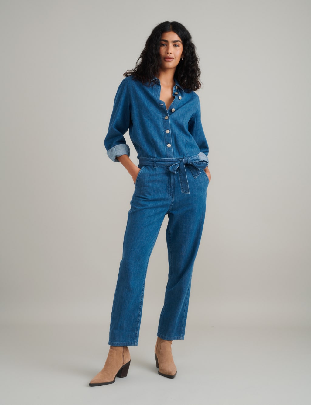 Denim Tie Detail Long Sleeve Jumpsuit 4 of 5