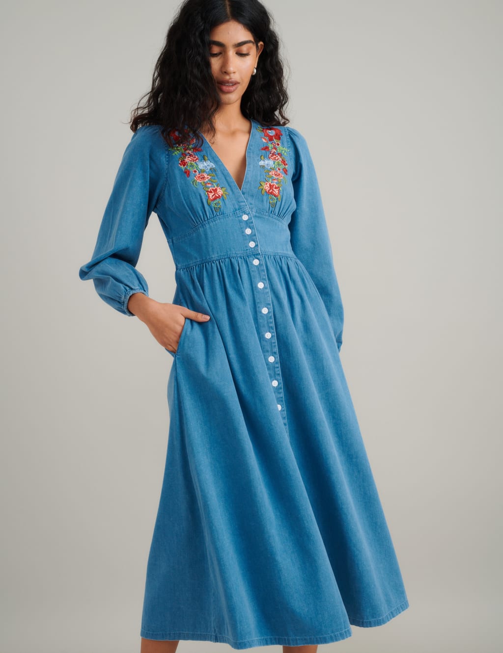Denim Embroidered Midi Tea Dress 3 of 5