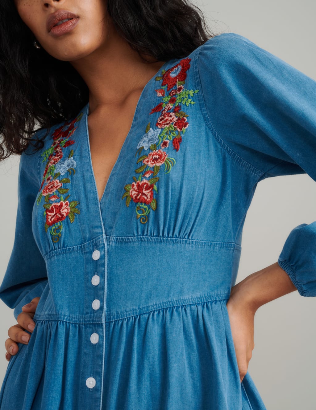 Denim Embroidered Midi Tea Dress 4 of 5