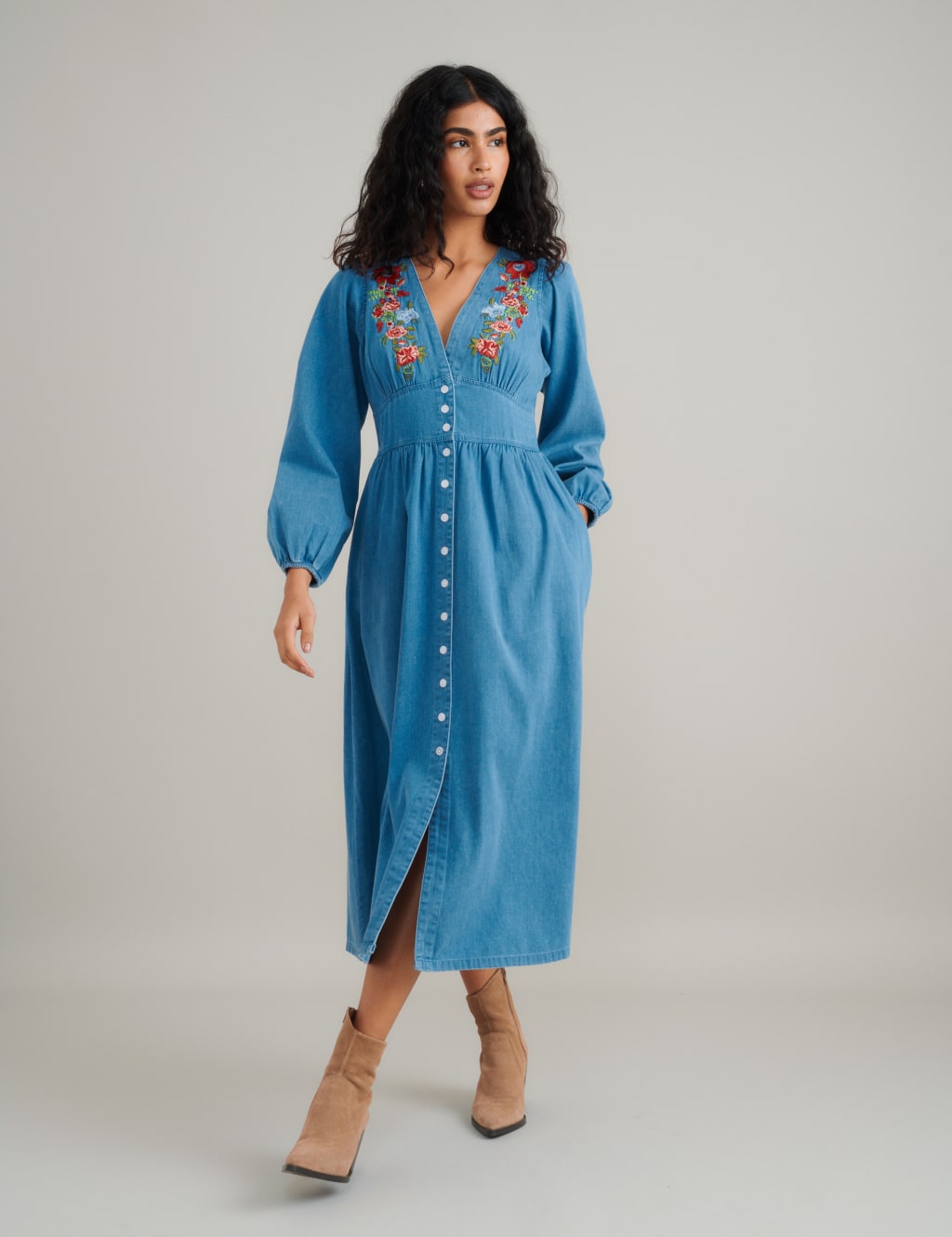 Denim Embroidered Midi Tea Dress 5 of 5