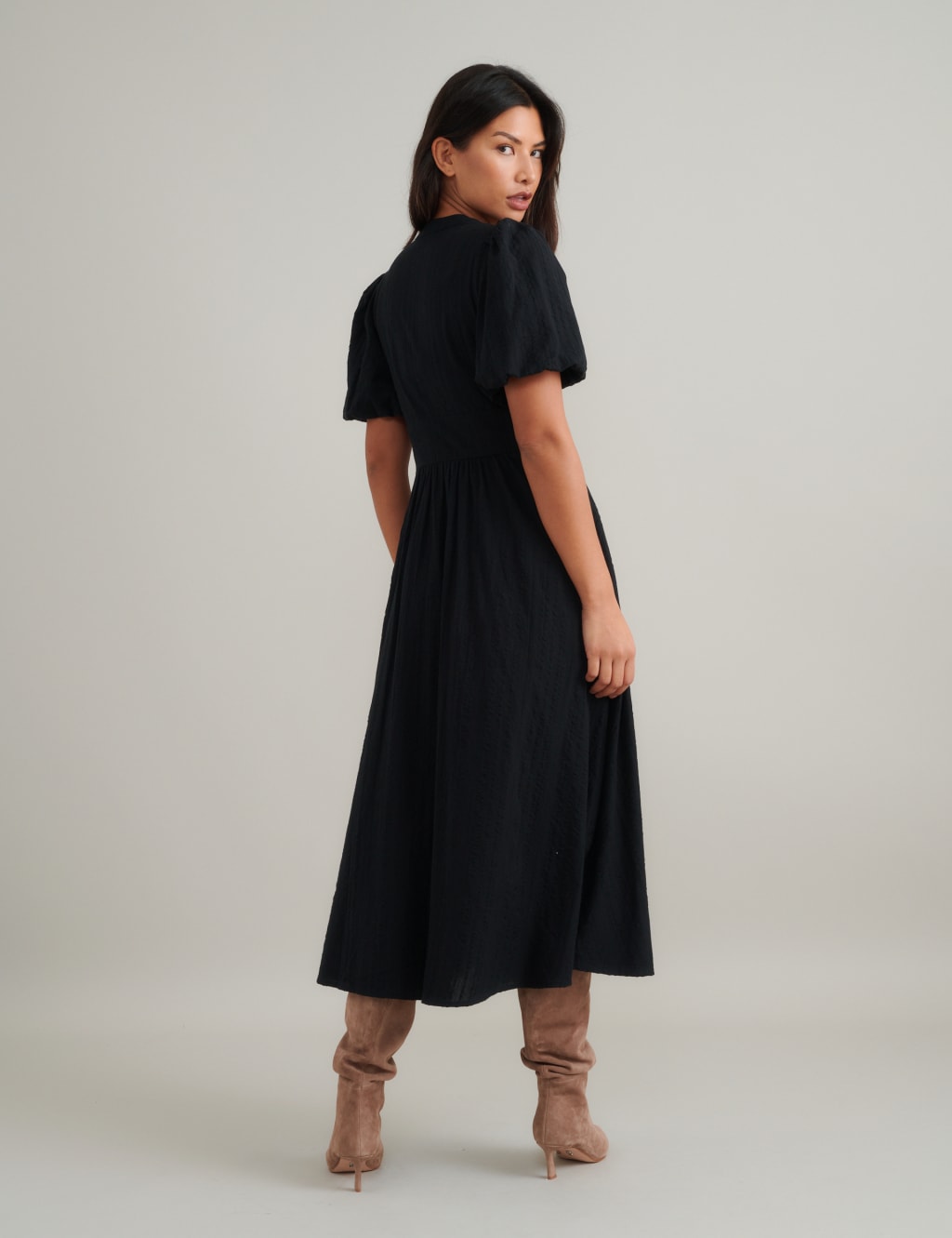 Pure Cotton Puff Sleeve Waisted Midi Dress 2 of 4