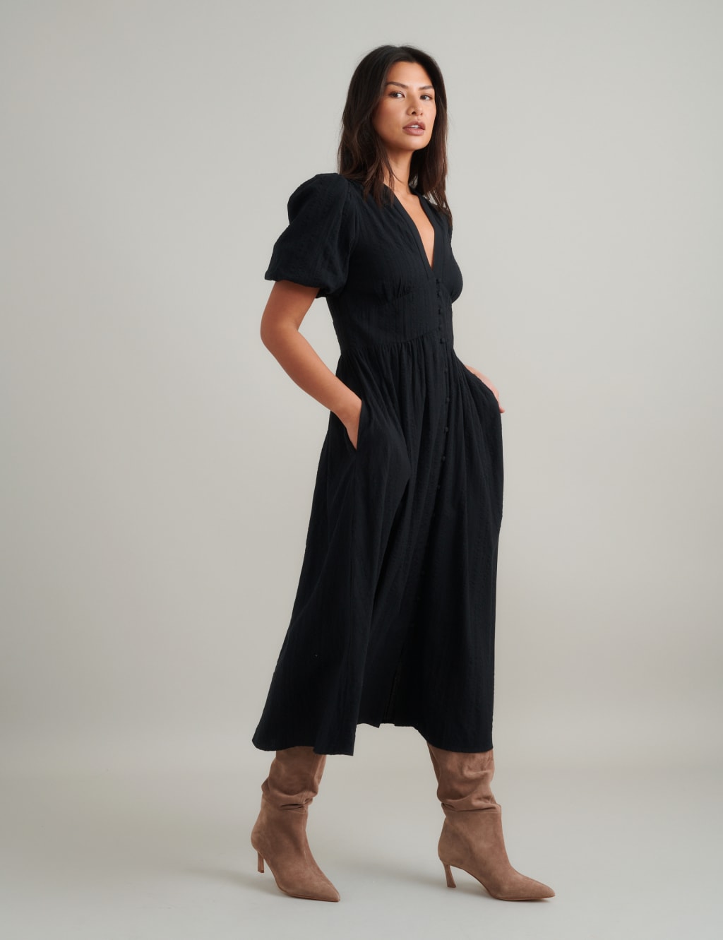 Pure Cotton Puff Sleeve Waisted Midi Dress 3 of 4