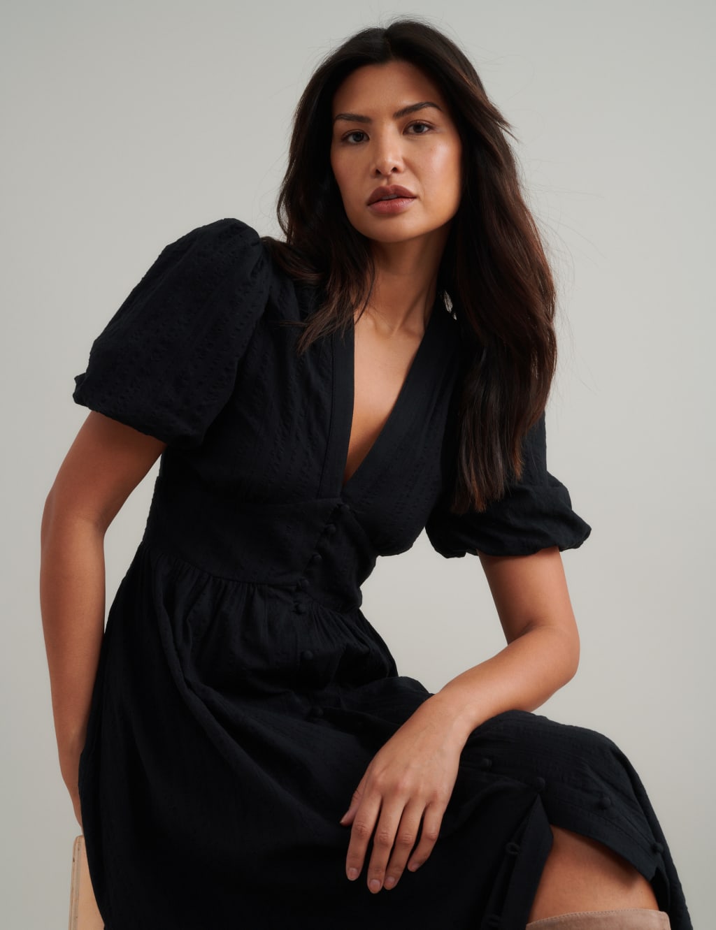 Pure Cotton Puff Sleeve Waisted Midi Dress 4 of 4