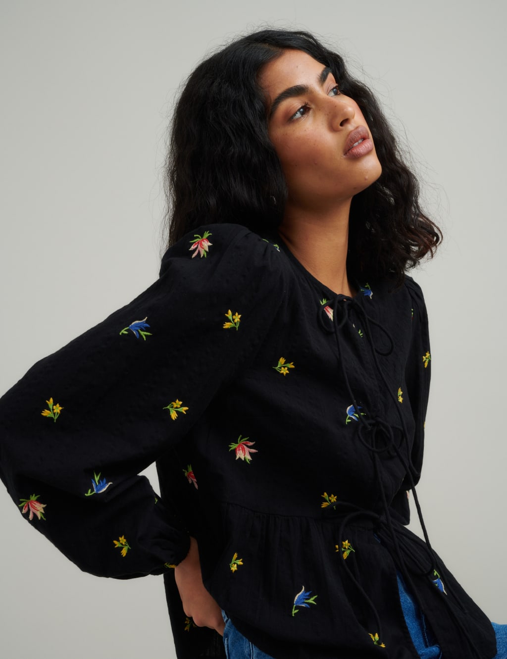 Pure Cotton Embroidered Tie Front Blouse 3 of 5