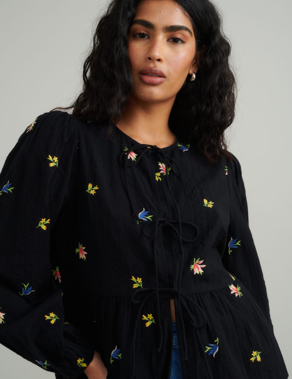 Pure Cotton Embroidered Tie Front Blouse 5 of 5