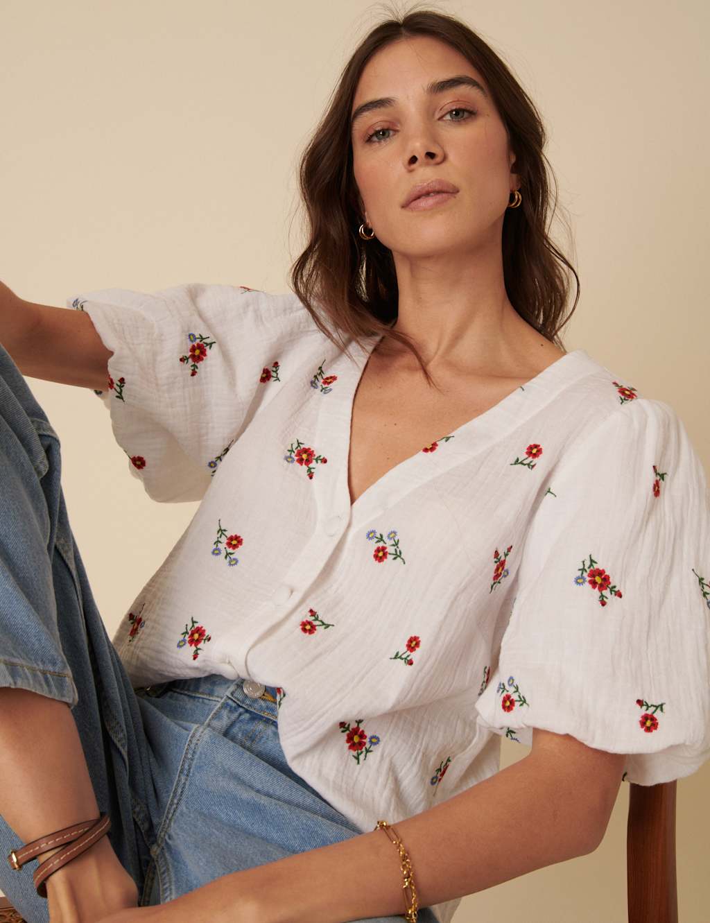 Pure Cotton Embroidered Floral V-NeckTop 2 of 5