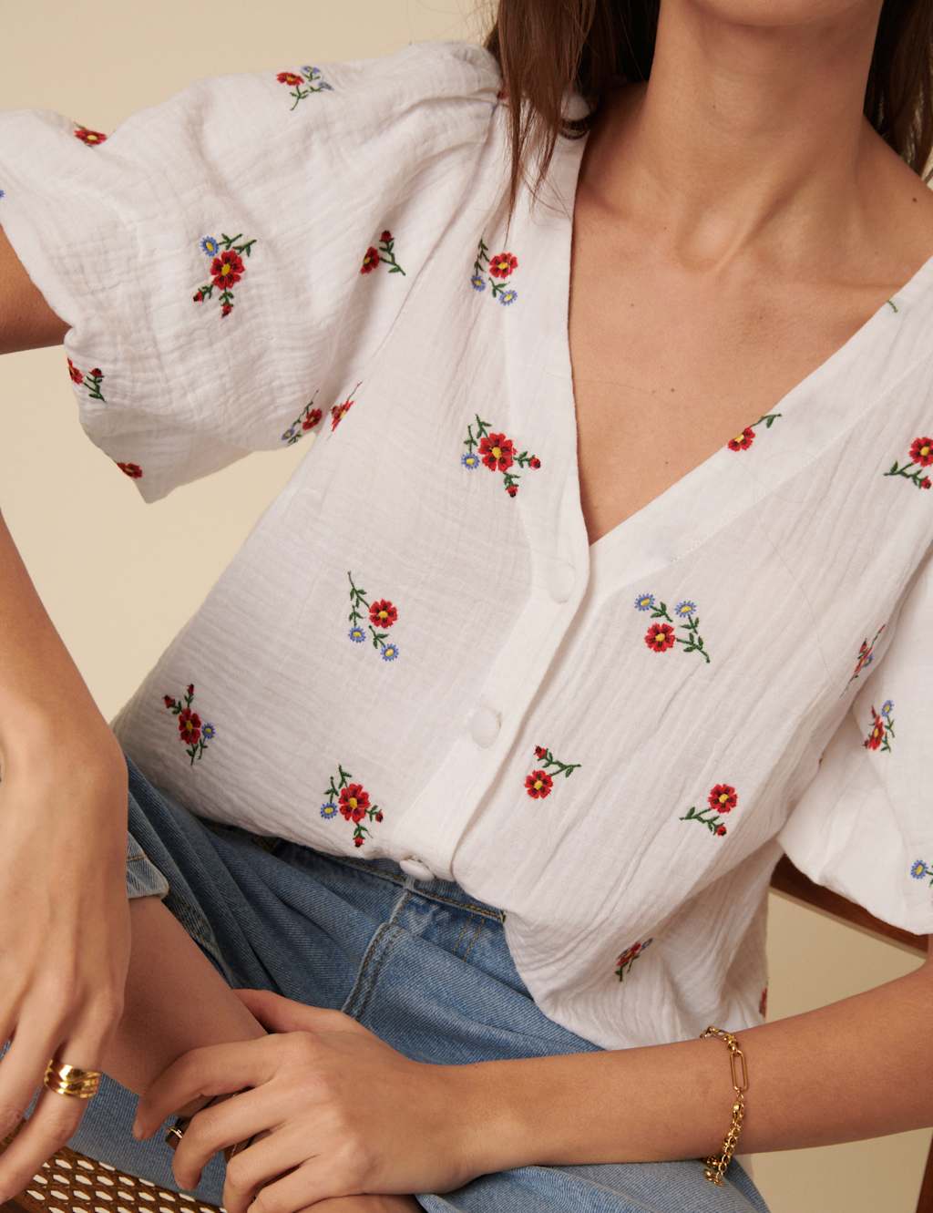Pure Cotton Embroidered Floral V-NeckTop 4 of 5