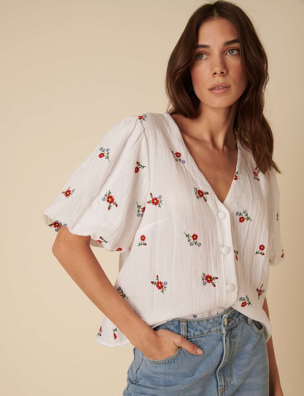 Pure Cotton Embroidered Floral V-NeckTop 5 of 5