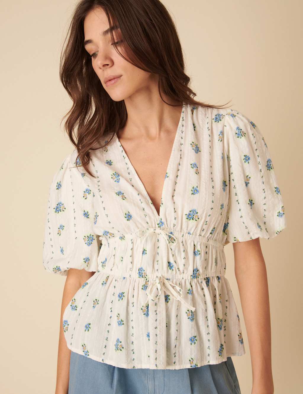 Pure Cotton Floral V-Neck Puff Sleeve Top 2 of 6
