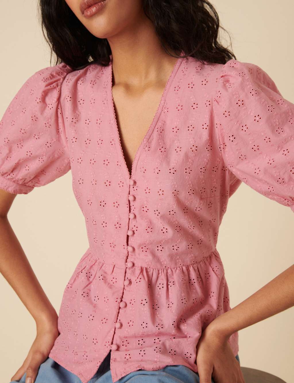 Pure Cotton Broderie V-Neck Peplum Blouse 2 of 4