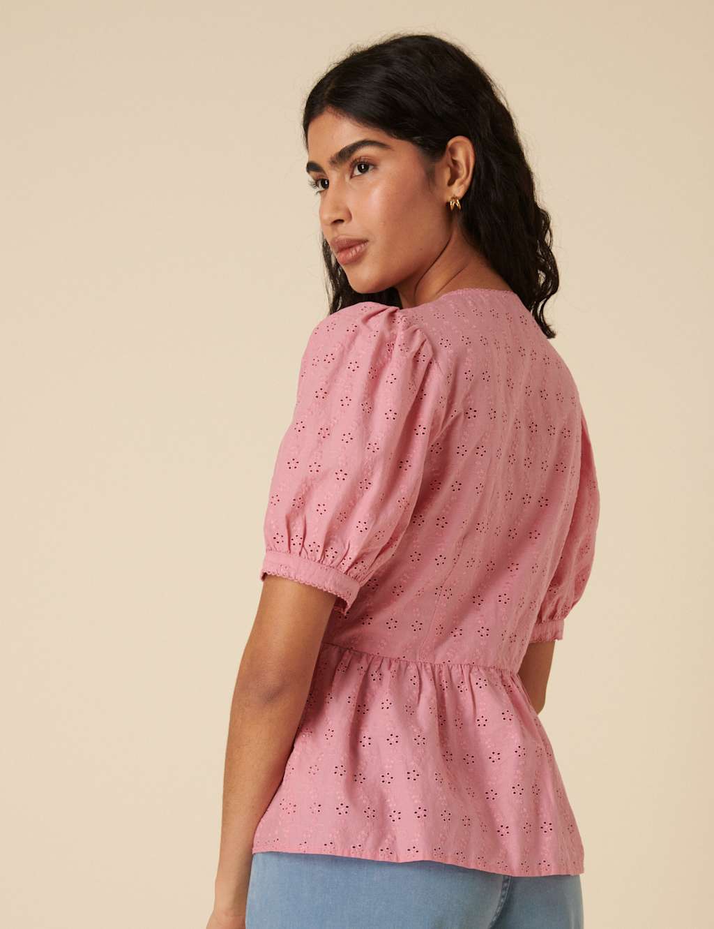 Pure Cotton Broderie V-Neck Peplum Blouse 3 of 4