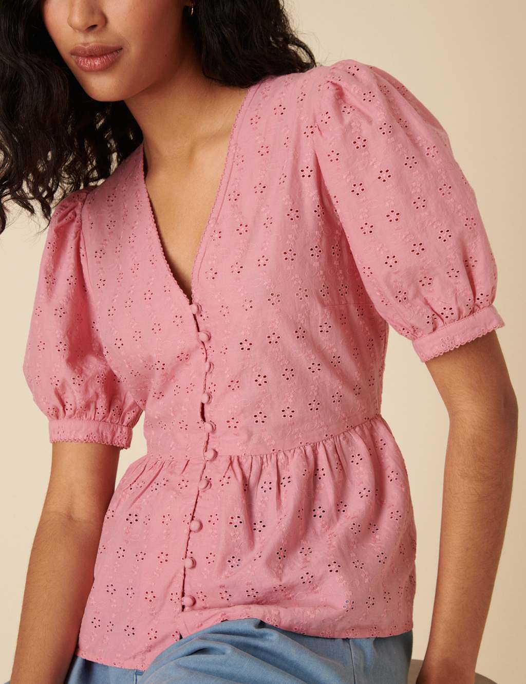 Pure Cotton Broderie V-Neck Peplum Blouse 4 of 4