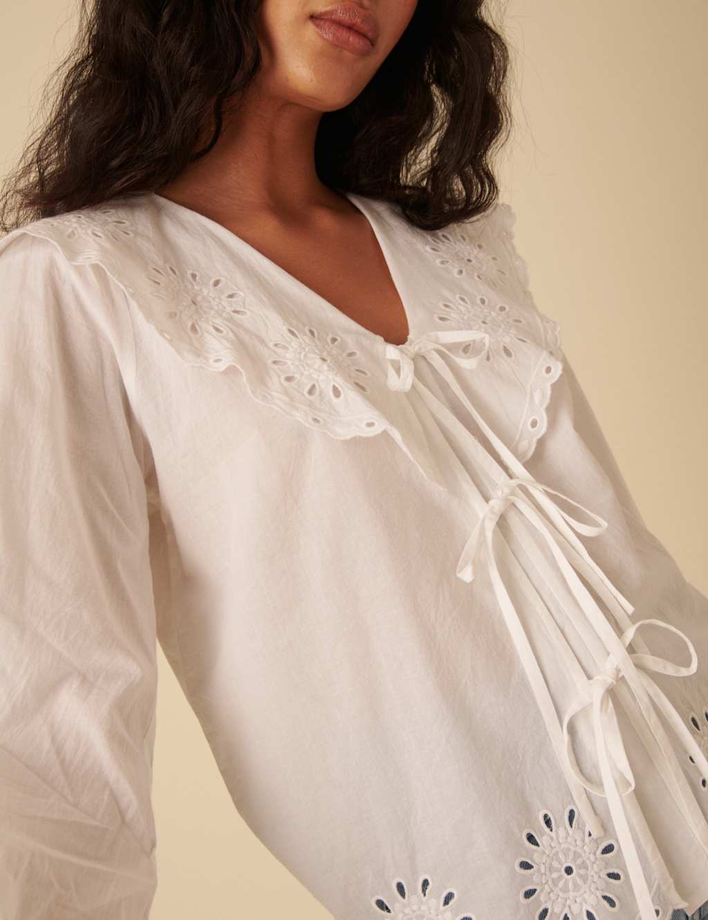 Pure Cotton Broderie Tie Front Blouse 4 of 4