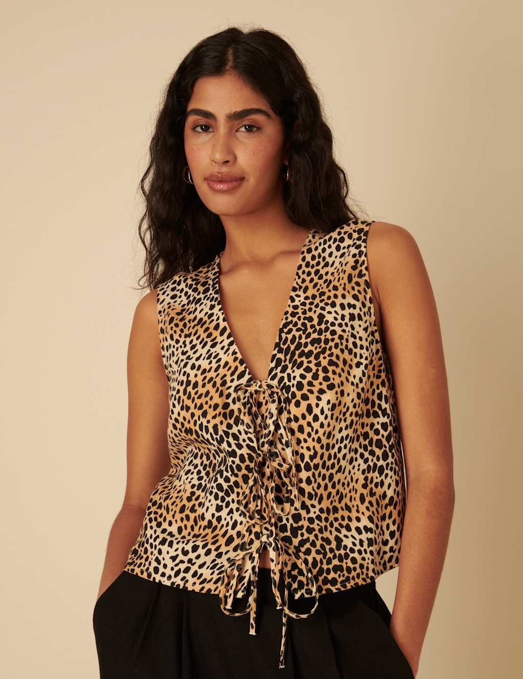 Linen Rich Animal Print Tie Front Vest 2 of 4