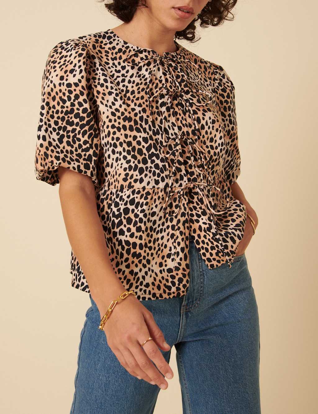 Pure Cotton Animal Print Collarless Tie Front Puff Sleeve Blouse 2 of 5