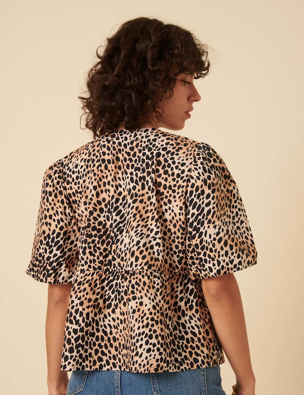 Pure Cotton Animal Print Collarless Tie Front Puff Sleeve Blouse 3 of 5