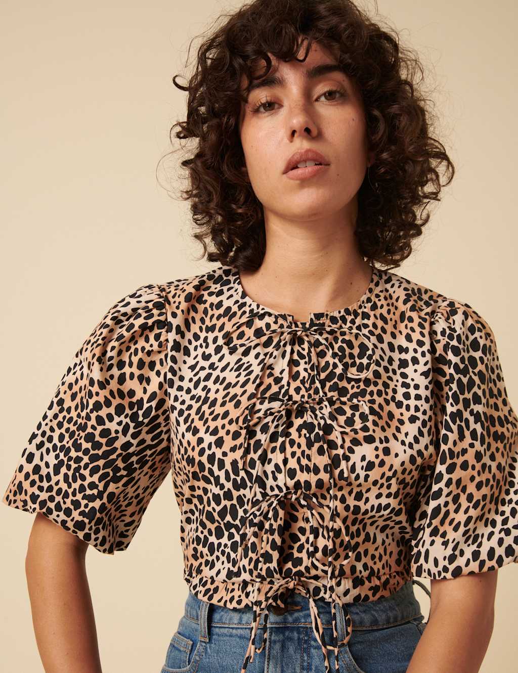Pure Cotton Animal Print Collarless Tie Front Puff Sleeve Blouse 5 of 5