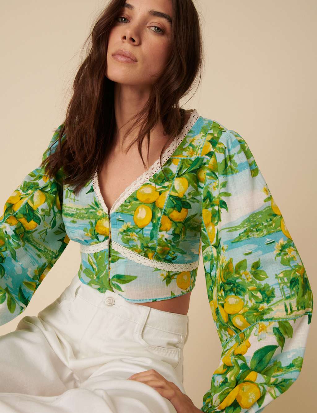 Printed V-Neck Lace Detail Top with Linen 2 of 5