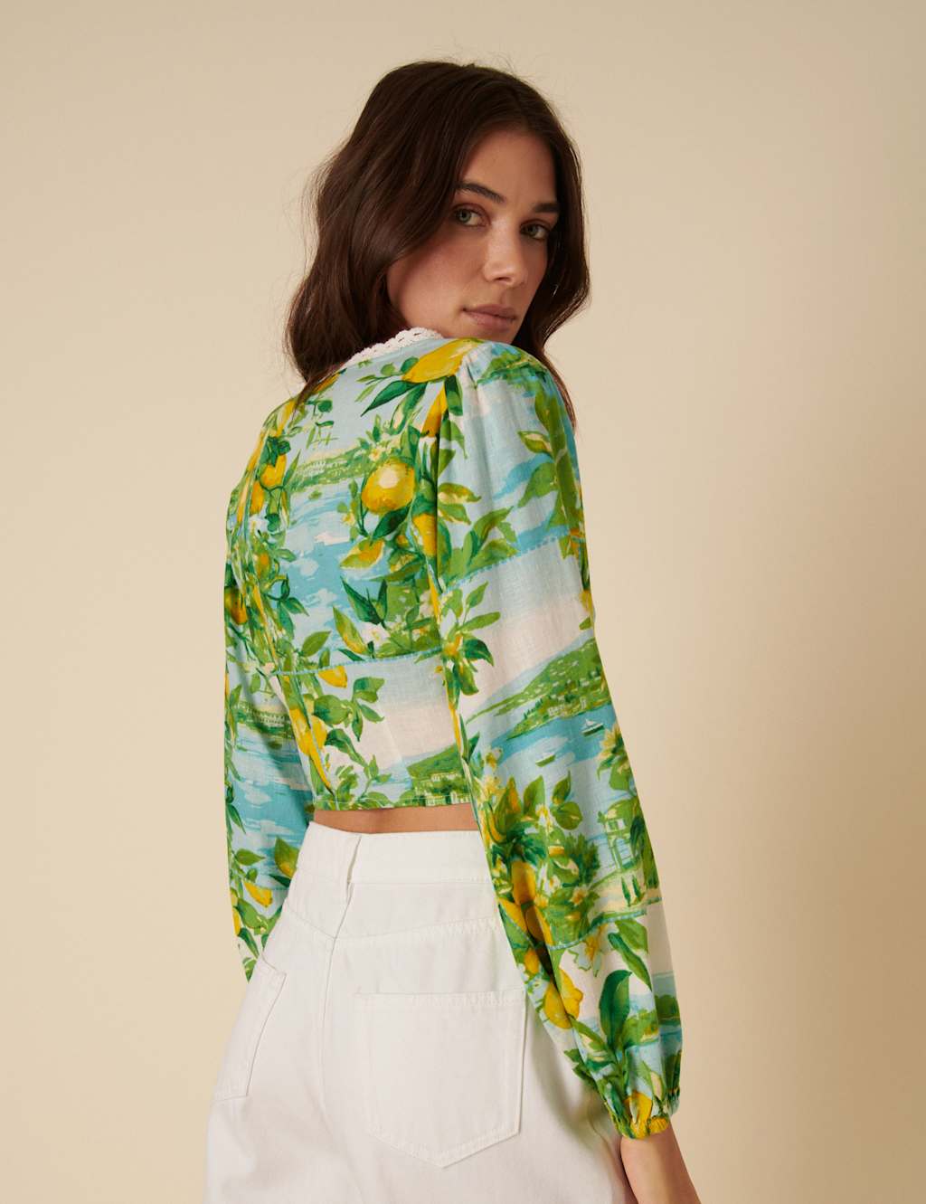 Printed V-Neck Lace Detail Top with Linen 3 of 5