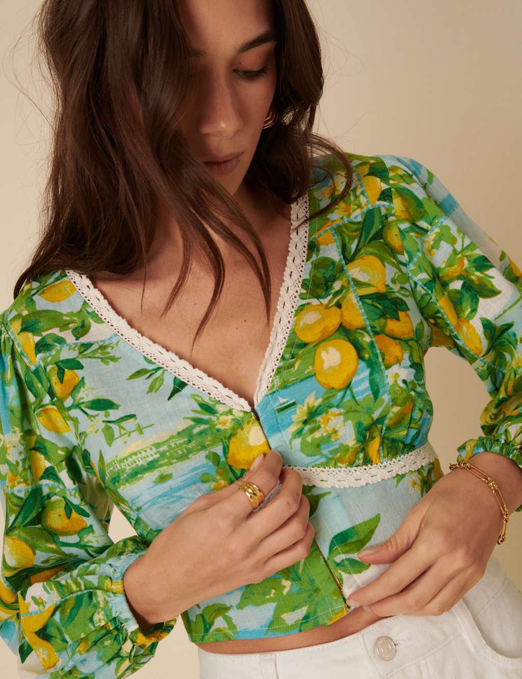 Printed V-Neck Lace Detail Top with Linen 4 of 5