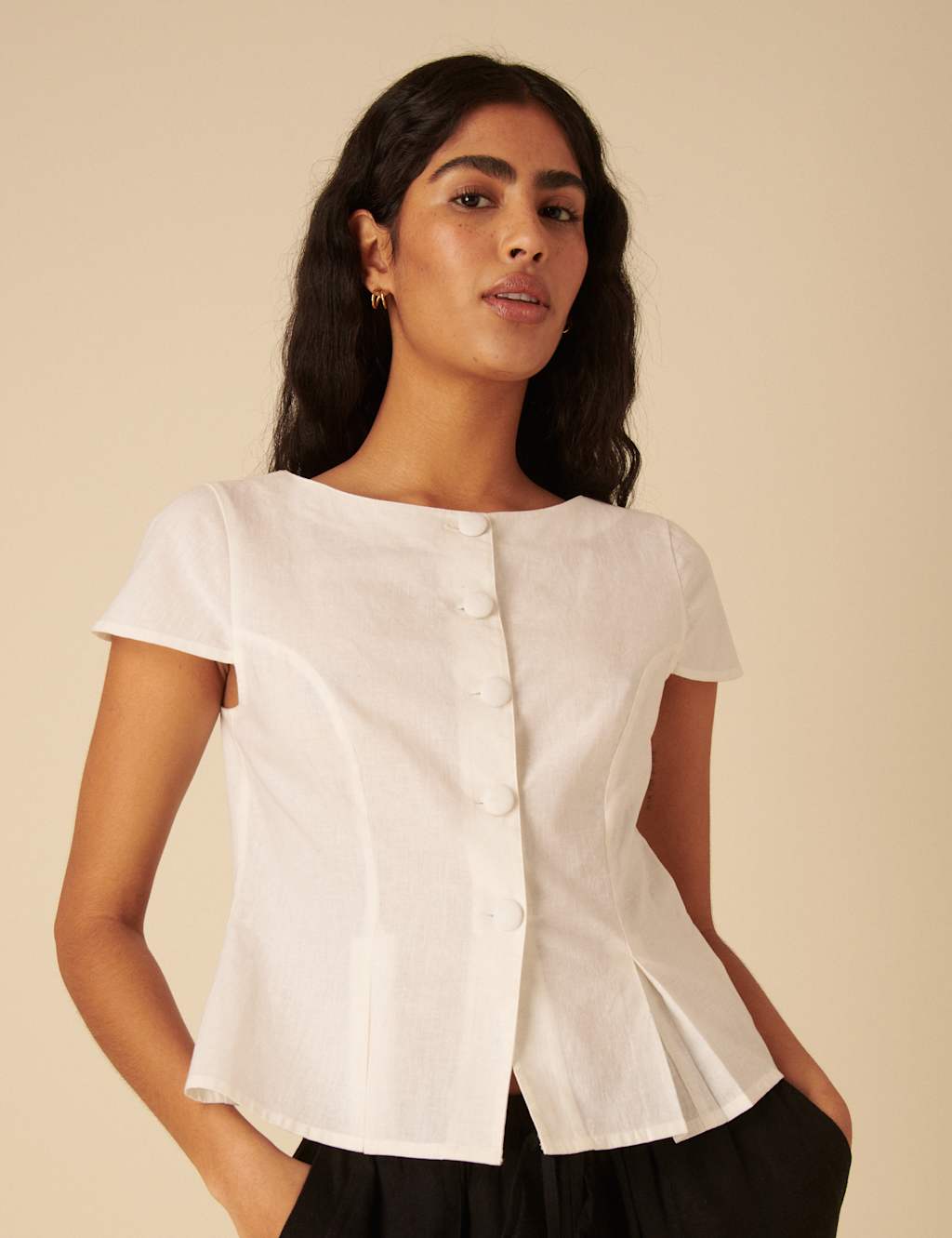 Linen Blend Pleat Detail Button Through Top 3 of 9