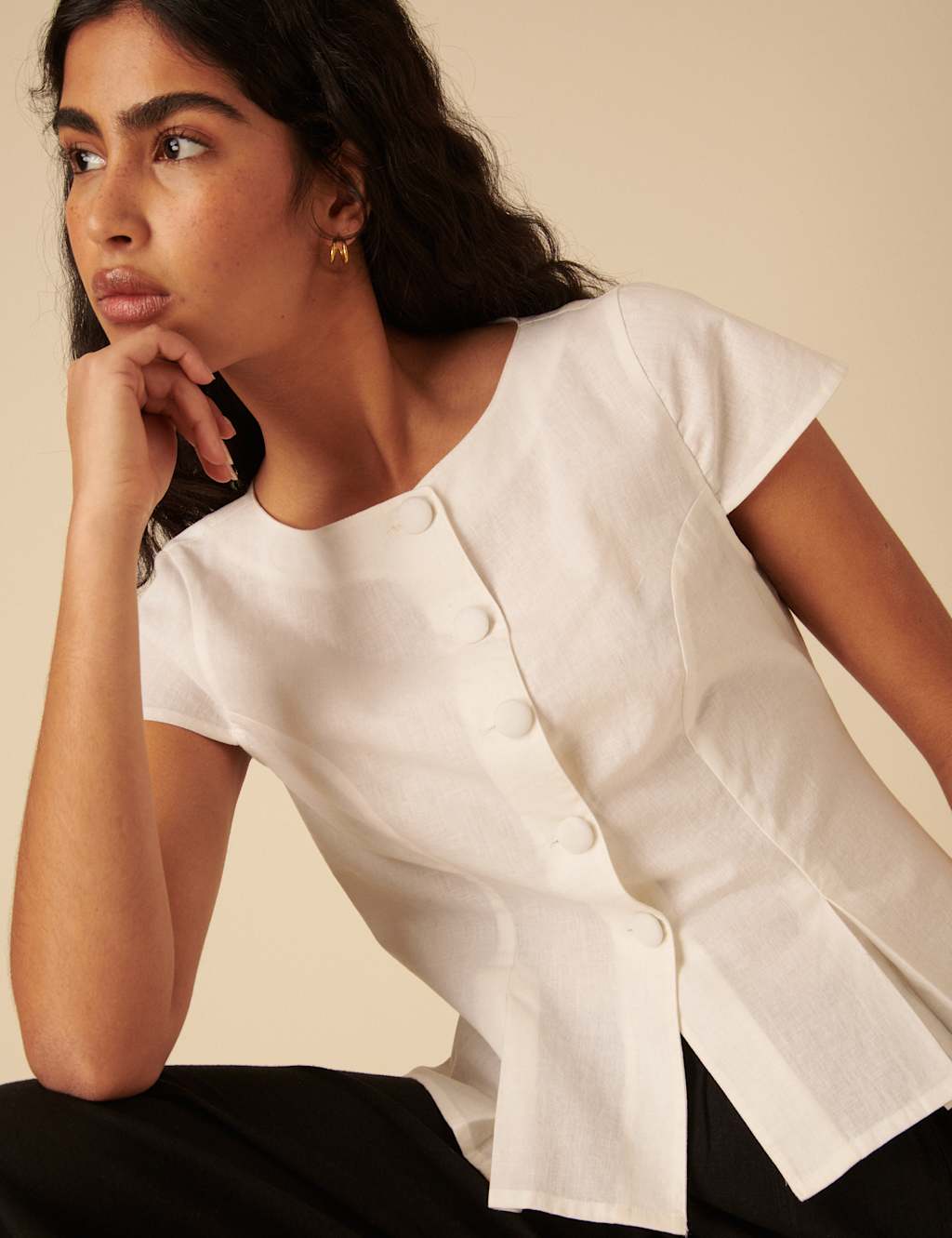 Linen Blend Pleat Detail Button Through Top 9 of 9