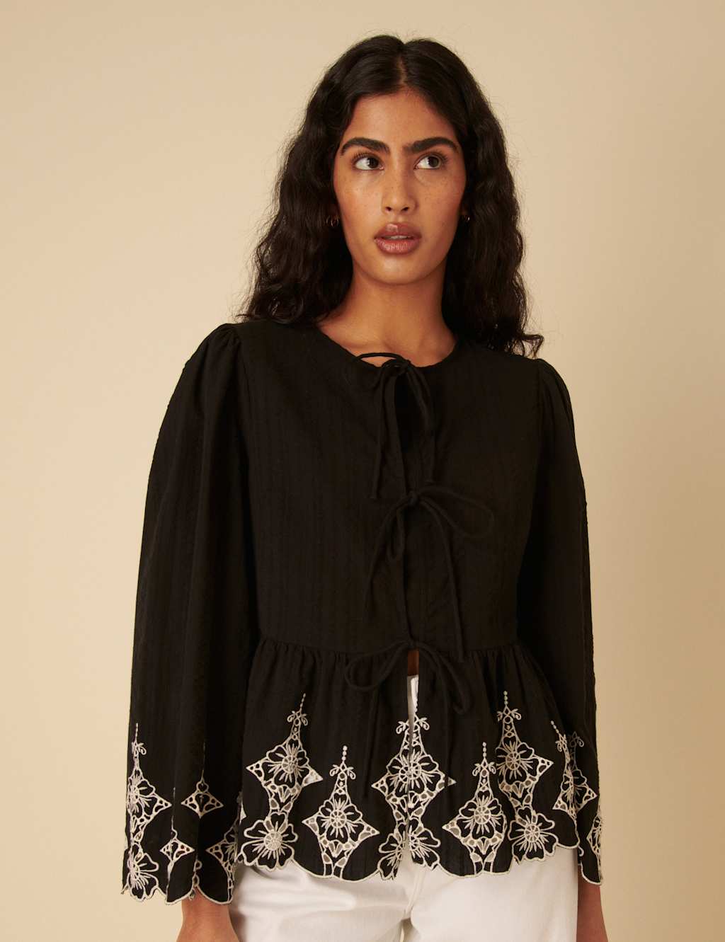 Pure Cotton Embroidered Tie Front Blouse 2 of 4