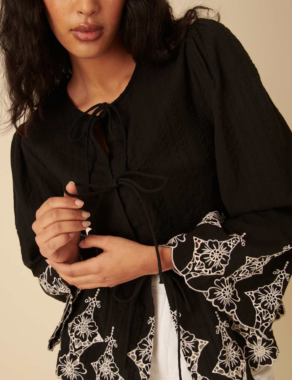 Pure Cotton Embroidered Tie Front Blouse 4 of 4