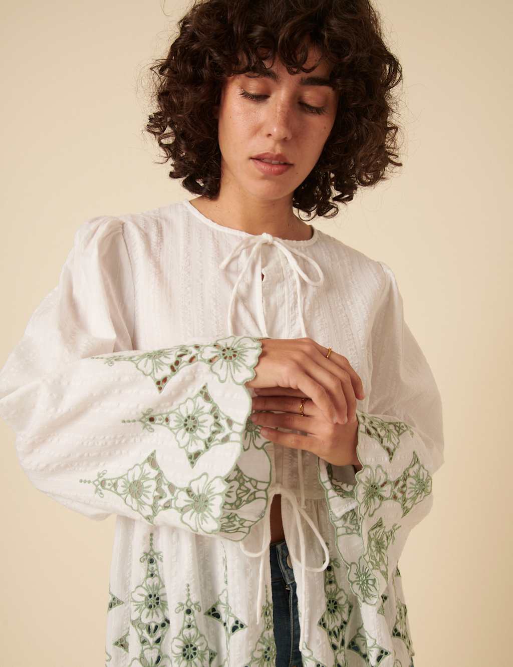 Pure Cotton Embroidered Tie Front Blouse 2 of 6