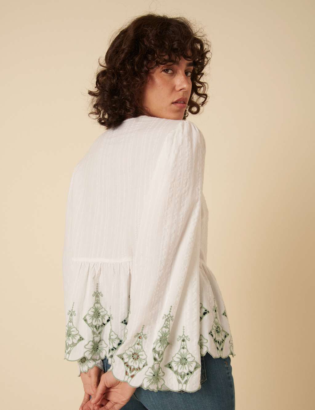Pure Cotton Embroidered Tie Front Blouse 4 of 6