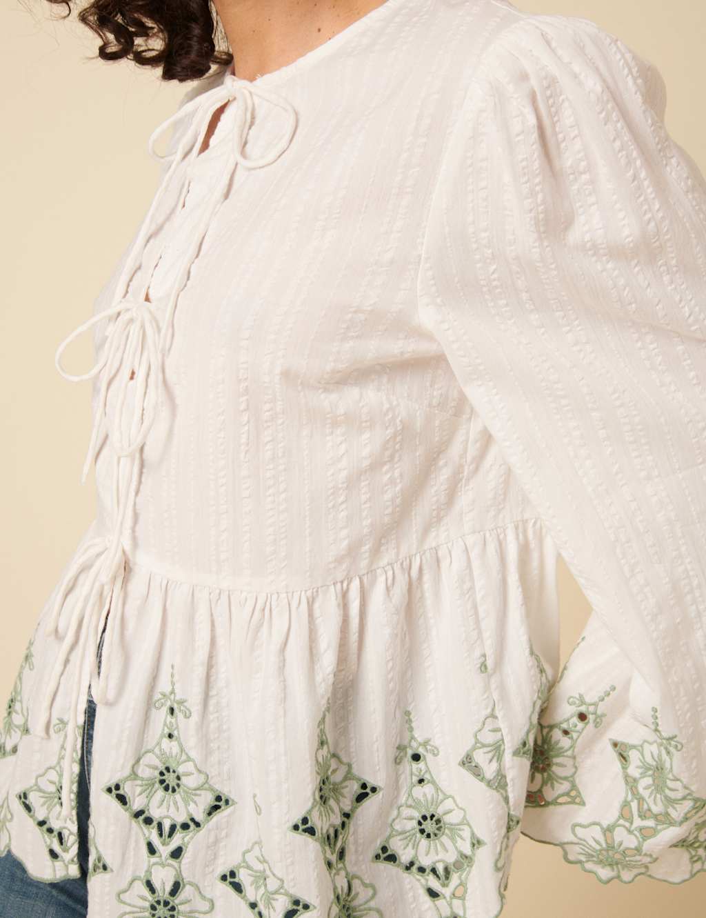 Pure Cotton Embroidered Tie Front Blouse 5 of 6
