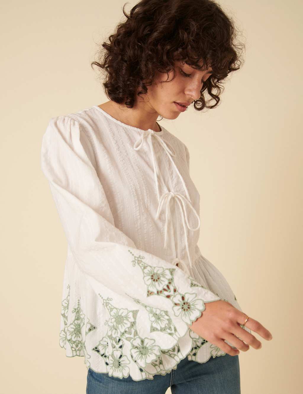 Pure Cotton Embroidered Tie Front Blouse 6 of 6