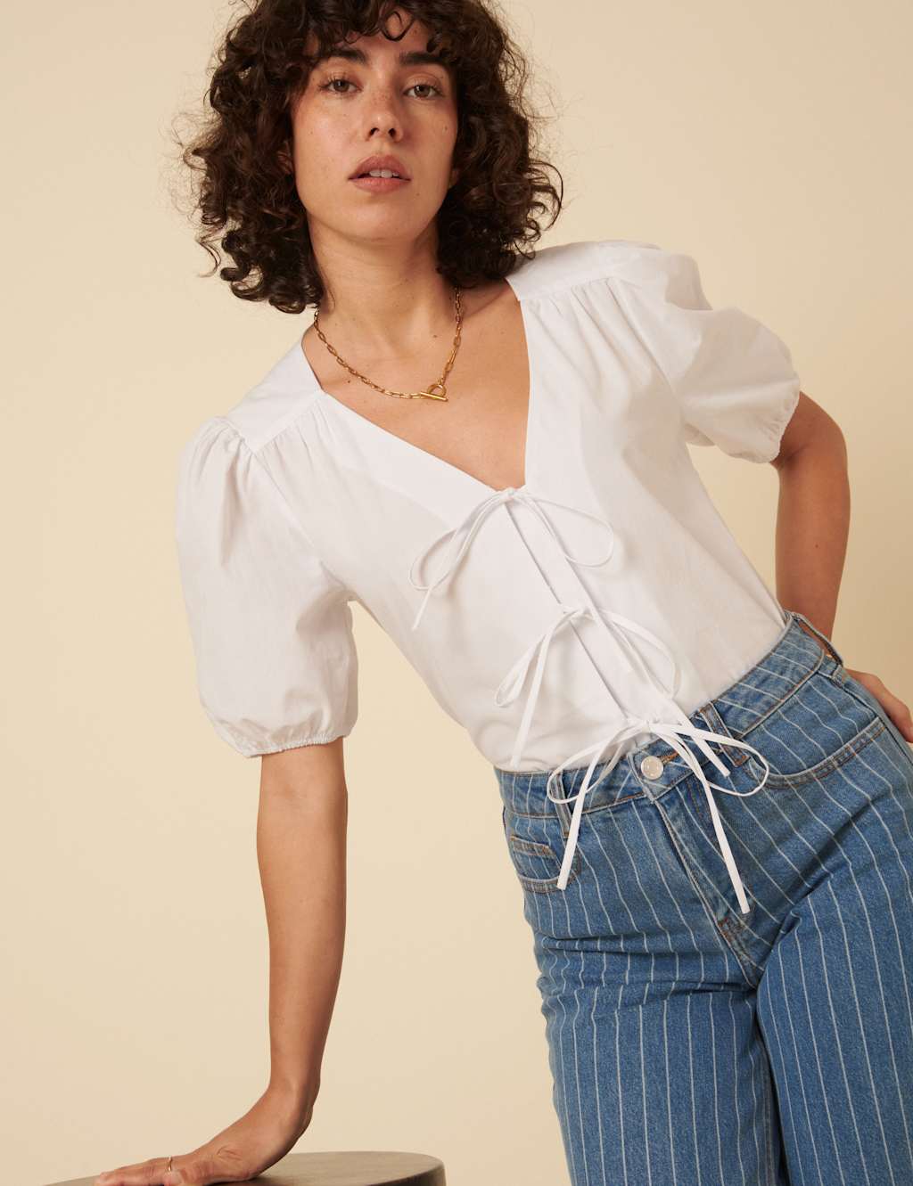 Pure Cotton V-Neck Relaxed Puff Sleeve Blouse 2 of 4
