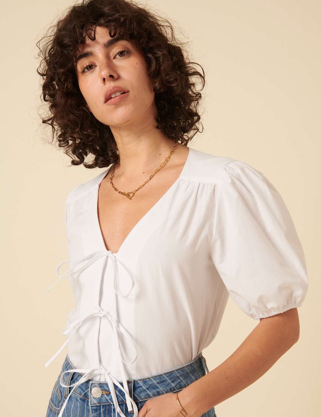 Pure Cotton V-Neck Relaxed Puff Sleeve Blouse 4 of 4