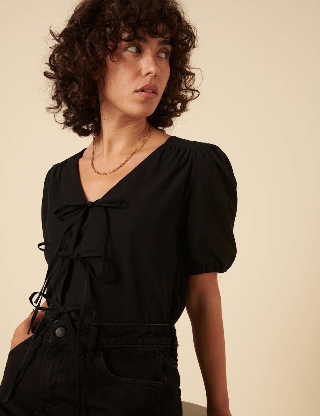Pure Cotton V-Neck Relaxed Puff Sleeve Blouse 2 of 5