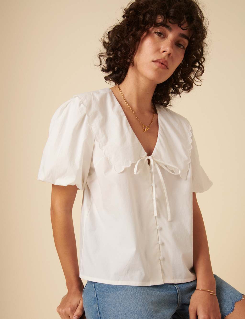 Pure Cotton Collared Puff Sleeve Blouse 2 of 6