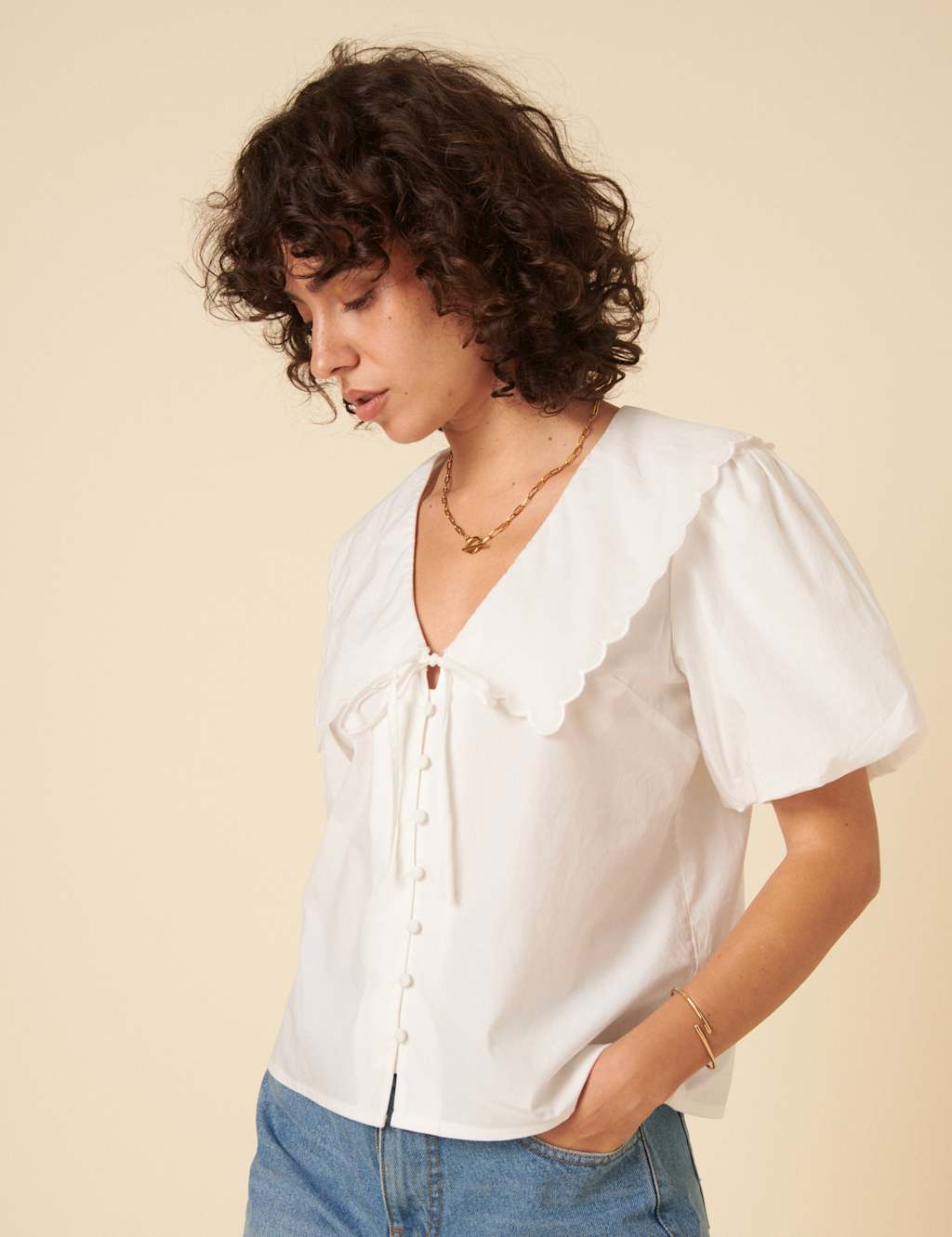 Pure Cotton Collared Puff Sleeve Blouse 3 of 6