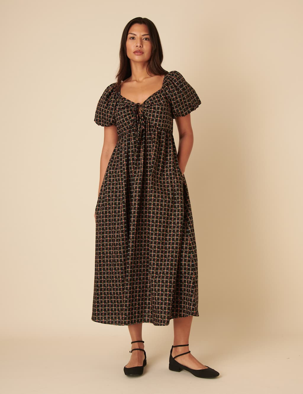 Pure Cotton Floral Tie Neck Midi Smock Dress 1 of 4