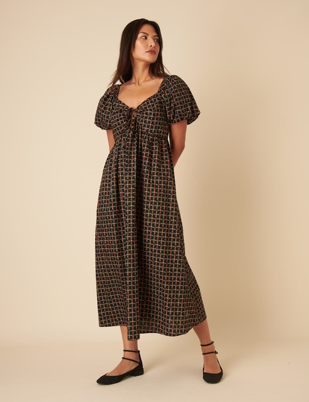 Pure Cotton Floral Tie Neck Midi Smock Dress 2 of 4