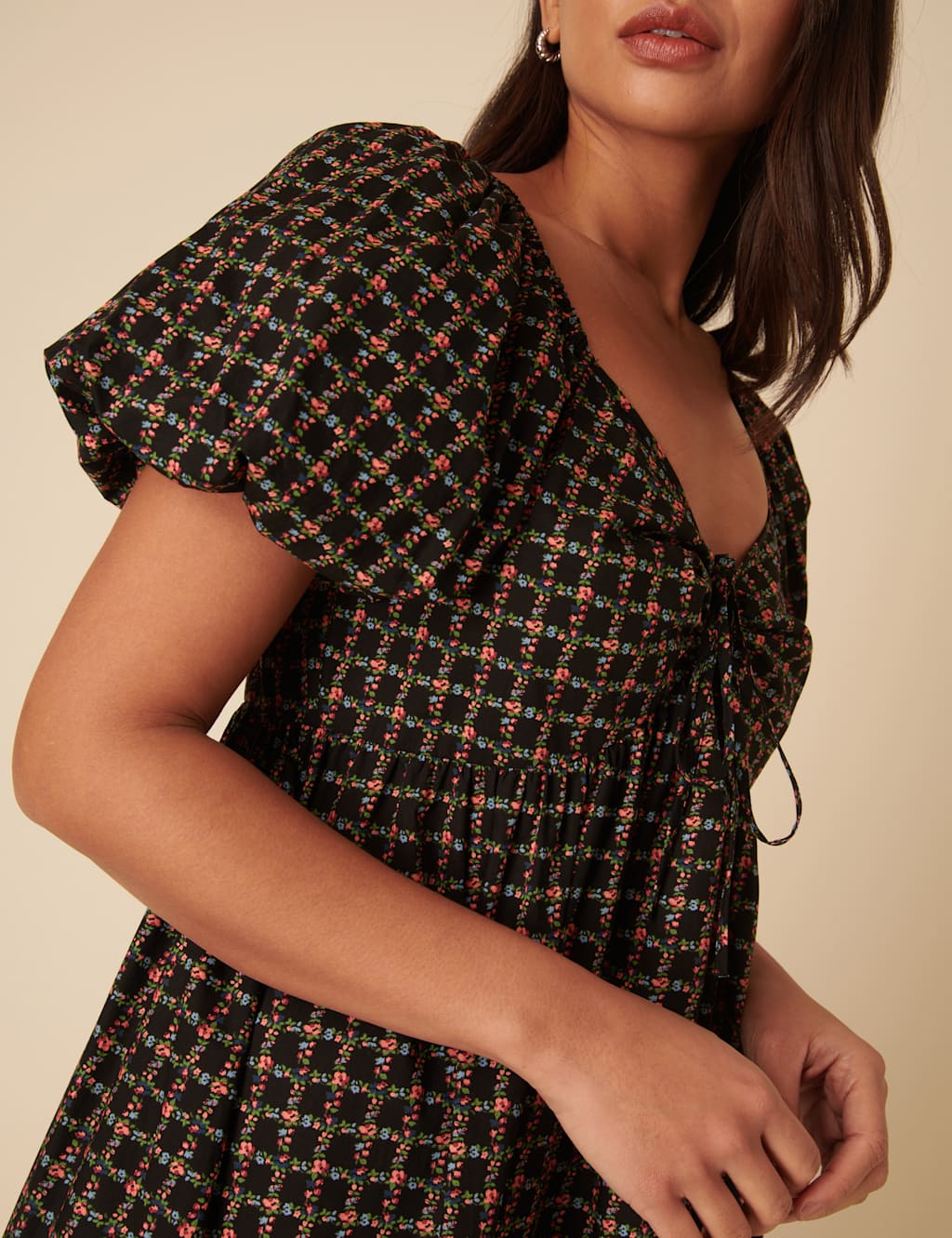 Pure Cotton Floral Tie Neck Midi Smock Dress 4 of 4