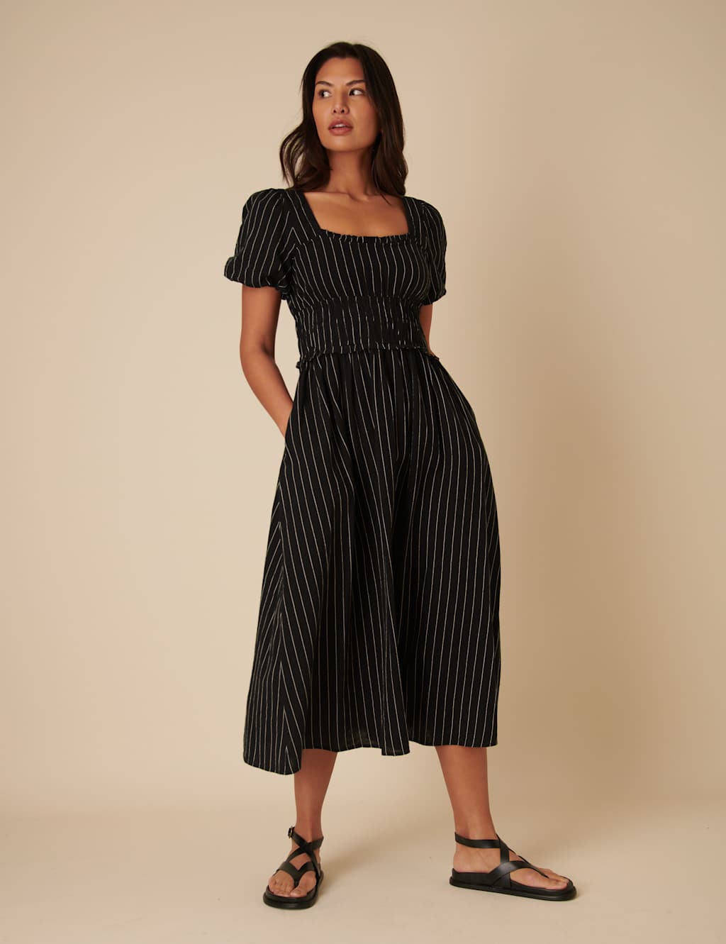 Pure Cotton Striped Midi Waisted Dress 2 of 4