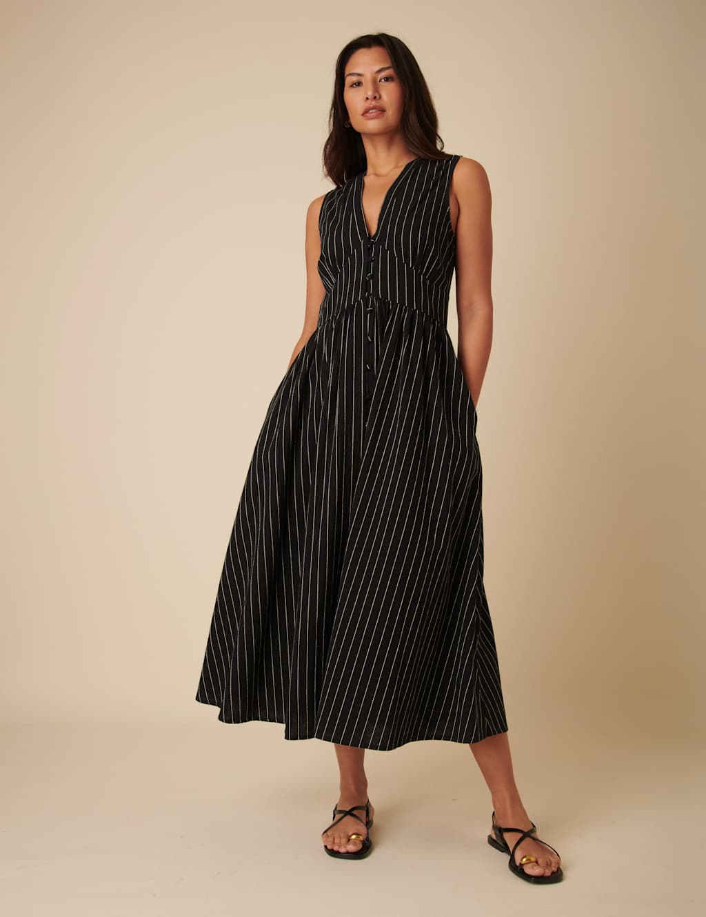 Pure Cotton Striped Midaxi Waisted Dress 1 of 5