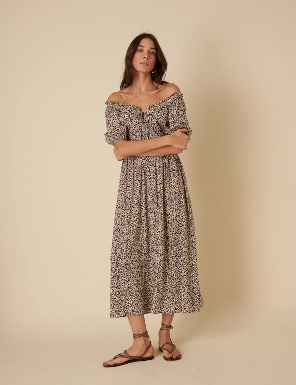 Ditsy Floral Tie Neck Puff Sleeve Midaxi Waisted Dress 2 of 5