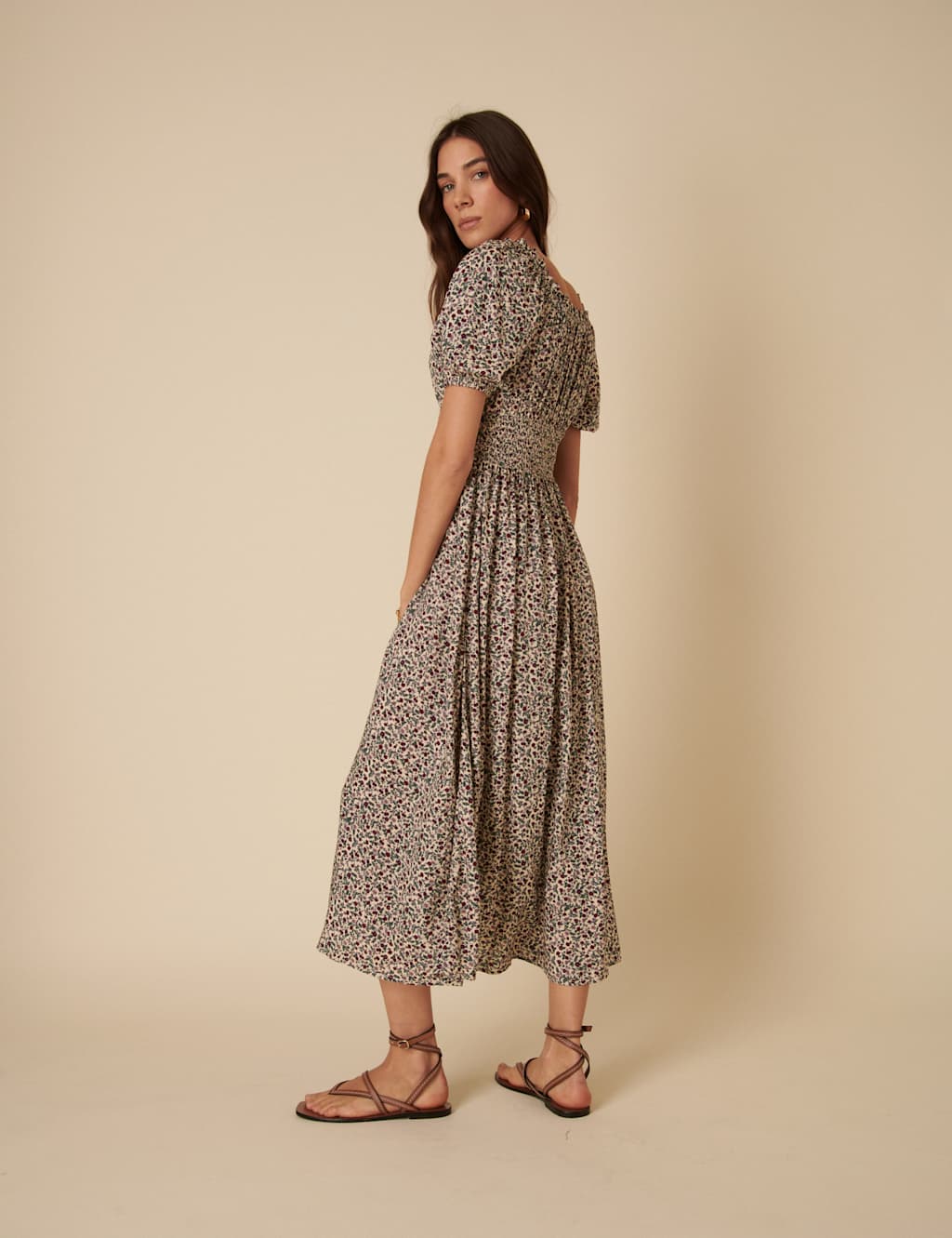 Ditsy Floral Tie Neck Puff Sleeve Midaxi Waisted Dress 3 of 5