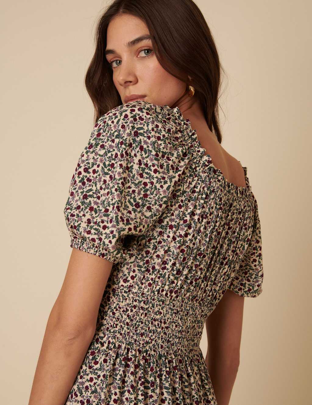 Ditsy Floral Tie Neck Puff Sleeve Midaxi Waisted Dress 4 of 5