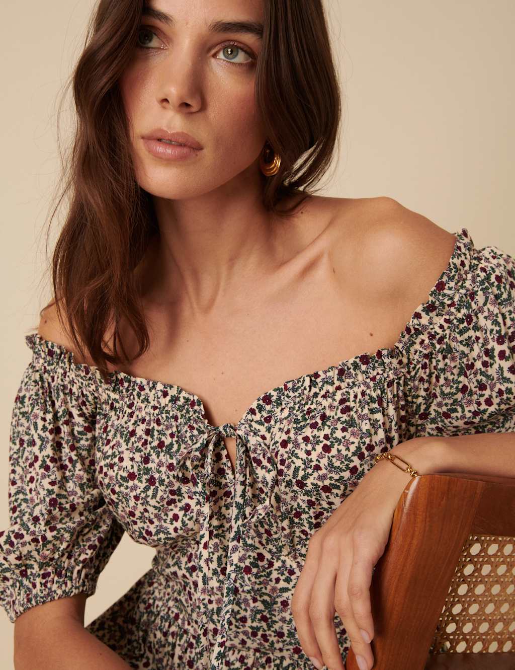 Ditsy Floral Tie Neck Puff Sleeve Midaxi Waisted Dress 5 of 5