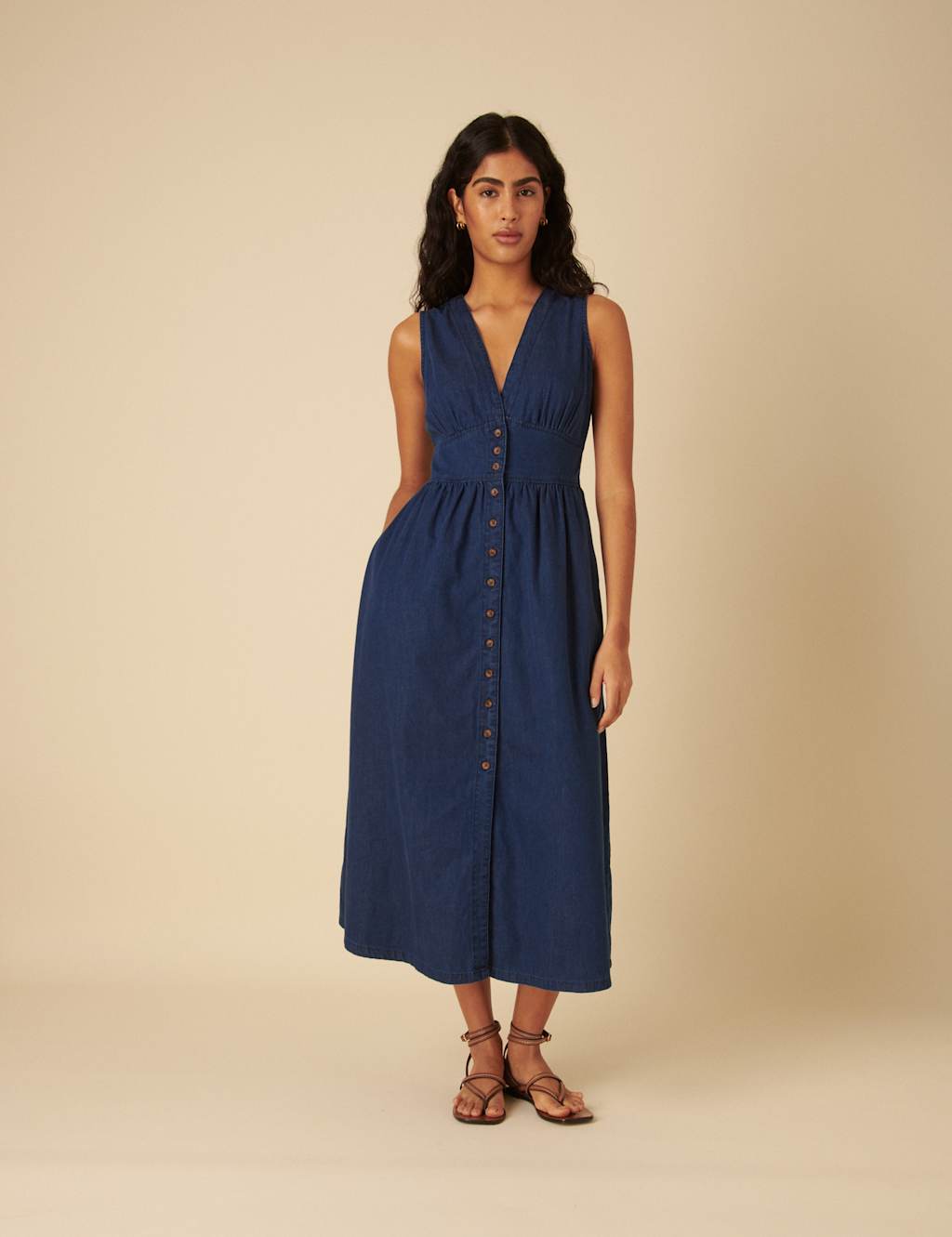 Denim V-Neck Button Through Midi Tea Dress 2 of 5