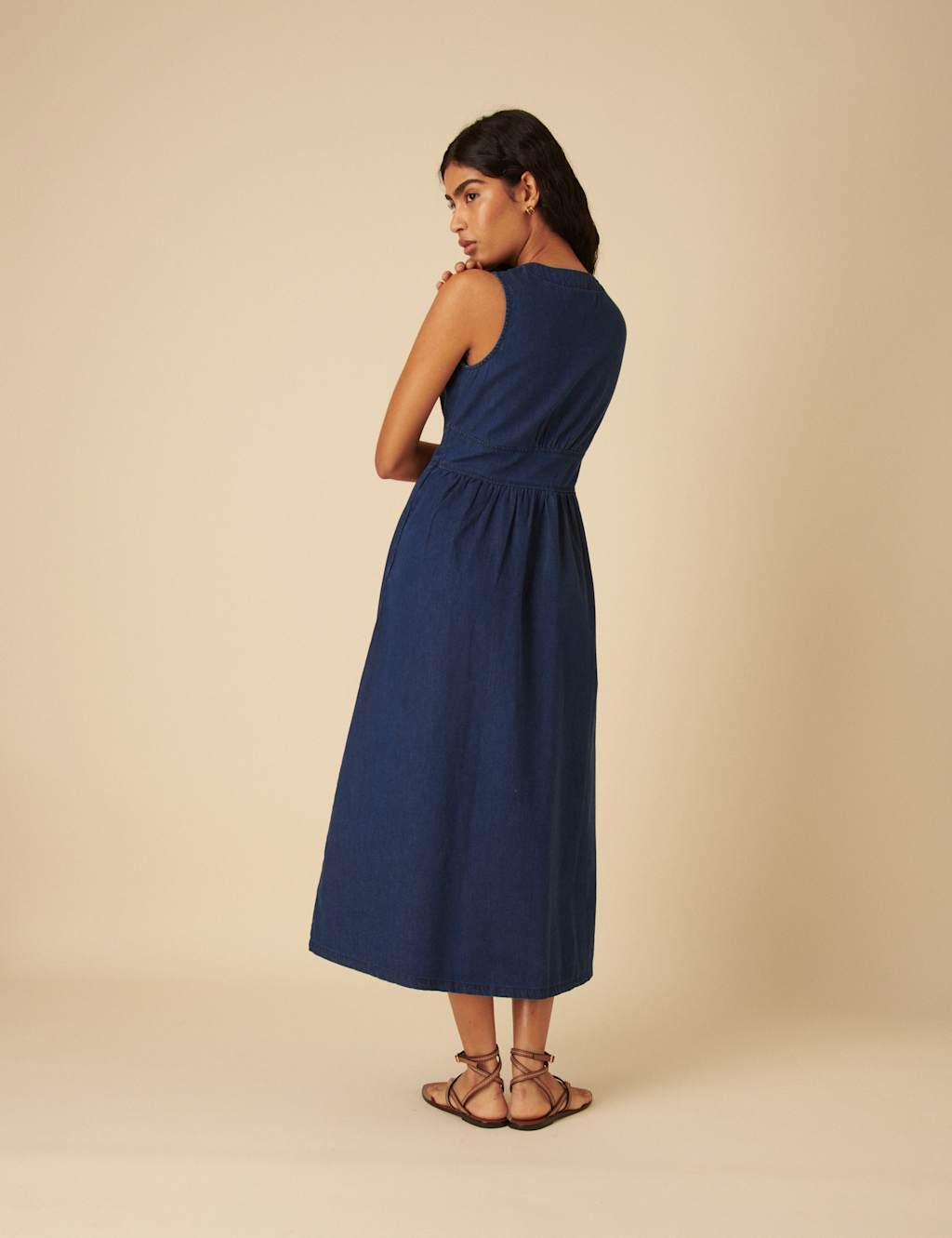 Denim V-Neck Button Through Midi Tea Dress 3 of 5