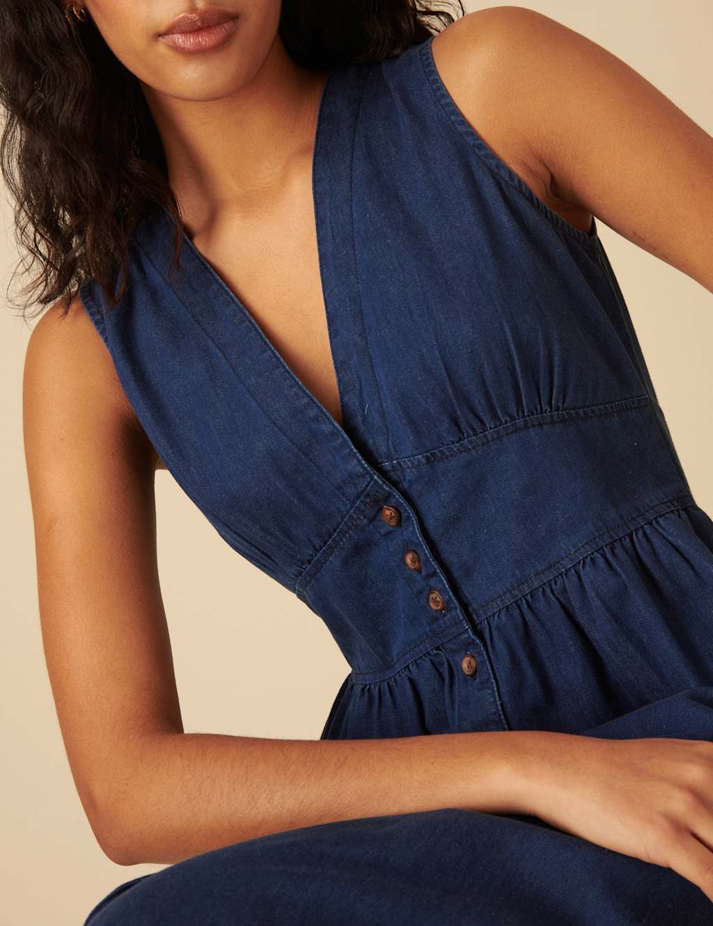 Denim V-Neck Button Through Midi Tea Dress 4 of 5