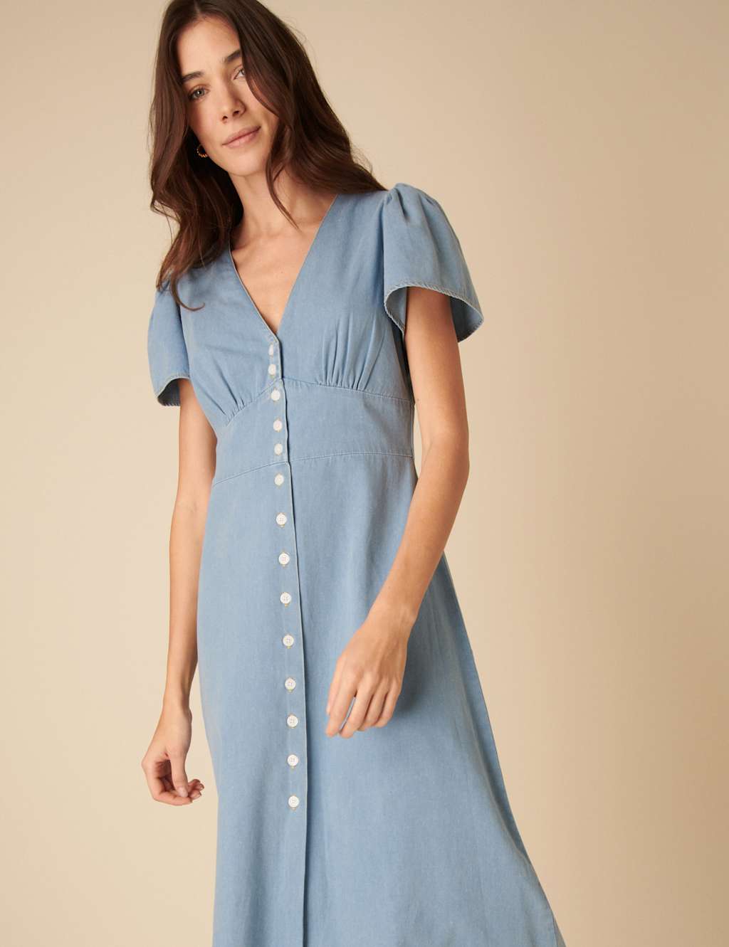 Pure Cotton Denim V-Neck Puff Sleeve Midi Dress 1 of 4